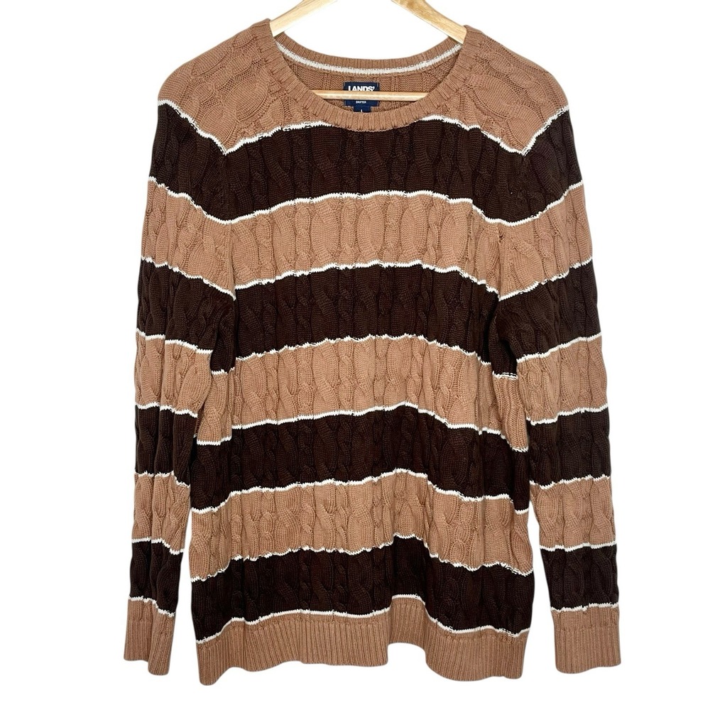 Lands End Striped Drifter Sweater Brown Womens Size L Fisherman Heritage Preppy
